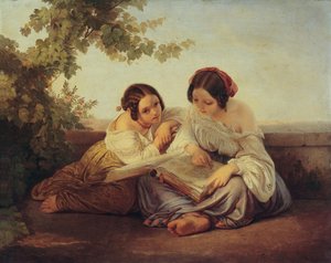 Deux filles lisant devant un paysage - Alfred von Schüssler